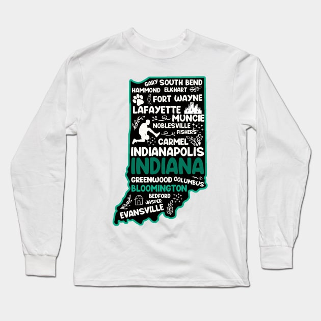 Bloomington Indiana cute map Fort Wayne, Evansville, Carmel, South Bend, Fishers, Hammond, Gary, Lafayette Long Sleeve T-Shirt by BoogieCreates